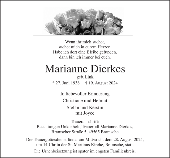 Traueranzeige von Marianne Dierkes von Neue Osnabrücker Zeitung GmbH & Co. KG