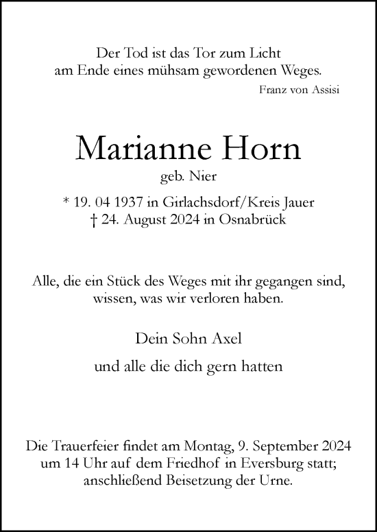 Traueranzeige von Marianne Horn von Neue Osnabrücker Zeitung GmbH & Co. KG