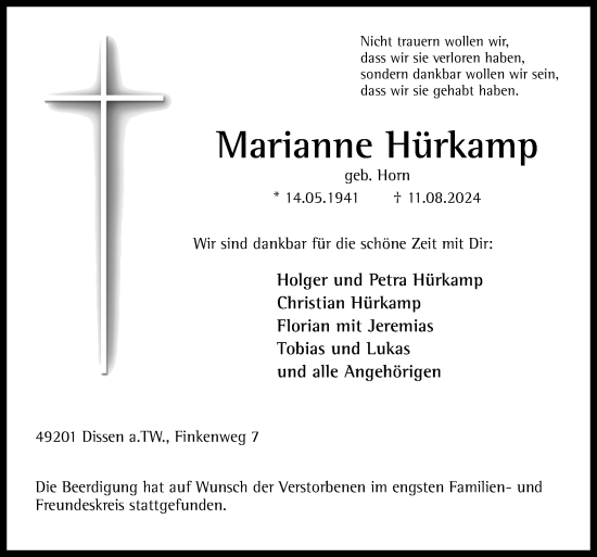 Traueranzeige von Marianne Hürkamp von Neue Osnabrücker Zeitung GmbH & Co. KG