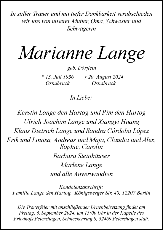 Traueranzeige von Marianne Lange von Neue Osnabrücker Zeitung GmbH & Co. KG