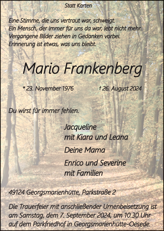 Traueranzeige von Mario Frankenberg von Neue Osnabrücker Zeitung GmbH & Co. KG