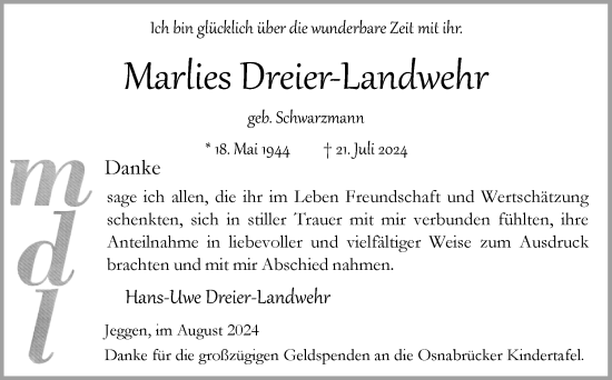 Traueranzeige von Marlies Dreier-Landwehr von Neue Osnabrücker Zeitung GmbH & Co. KG