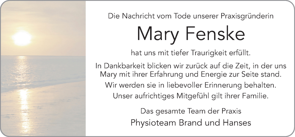  Traueranzeige für Mary Fenske vom 17.08.2024 aus Neue Osnabrücker Zeitung GmbH & Co. KG