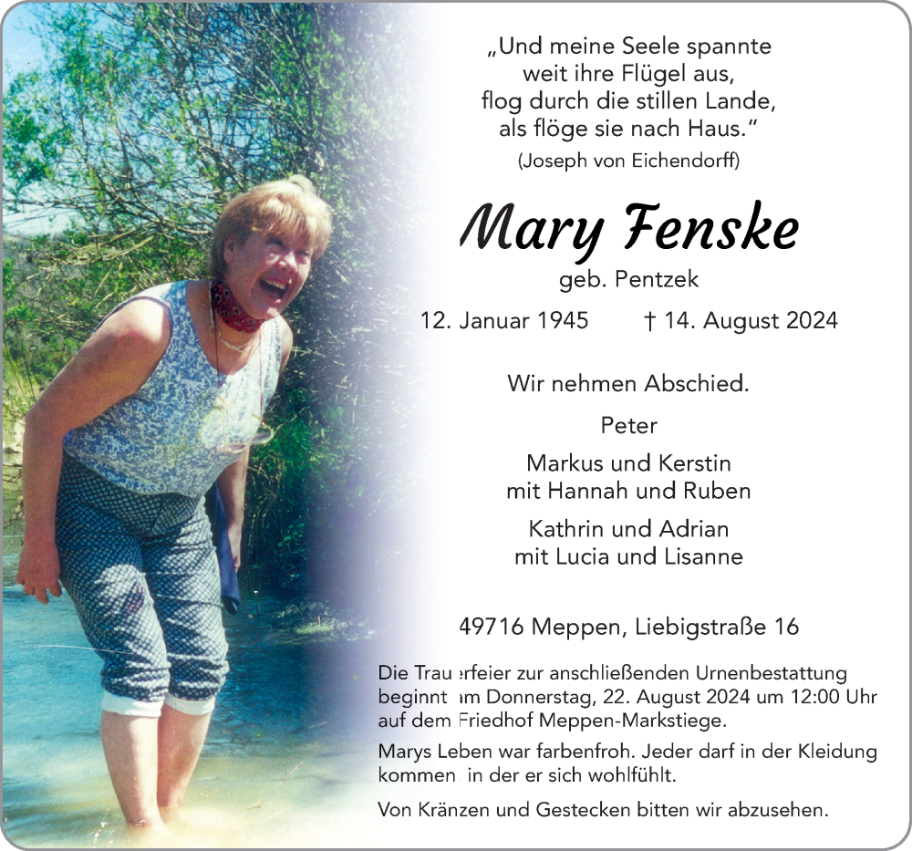  Traueranzeige für Mary Fenske vom 17.08.2024 aus Neue Osnabrücker Zeitung GmbH & Co. KG