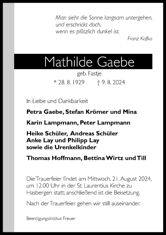 Traueranzeige von Mathilde Gaebe von DK Medien GmbH & Co. KG