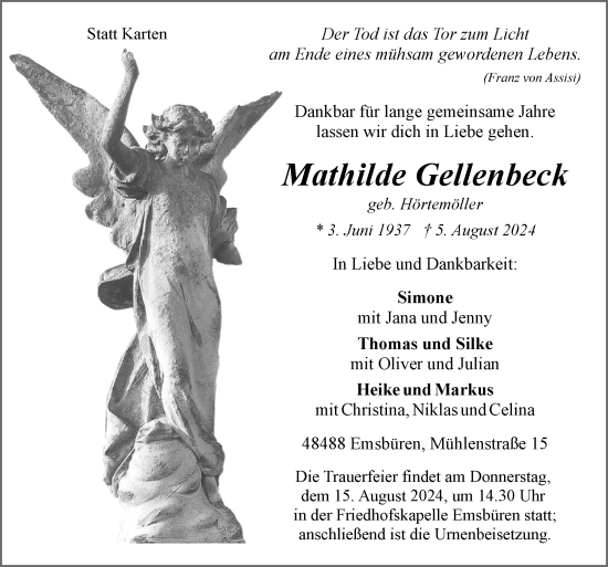 Traueranzeige von Mathilde Gellenbeck von Neue Osnabrücker Zeitung GmbH & Co. KG