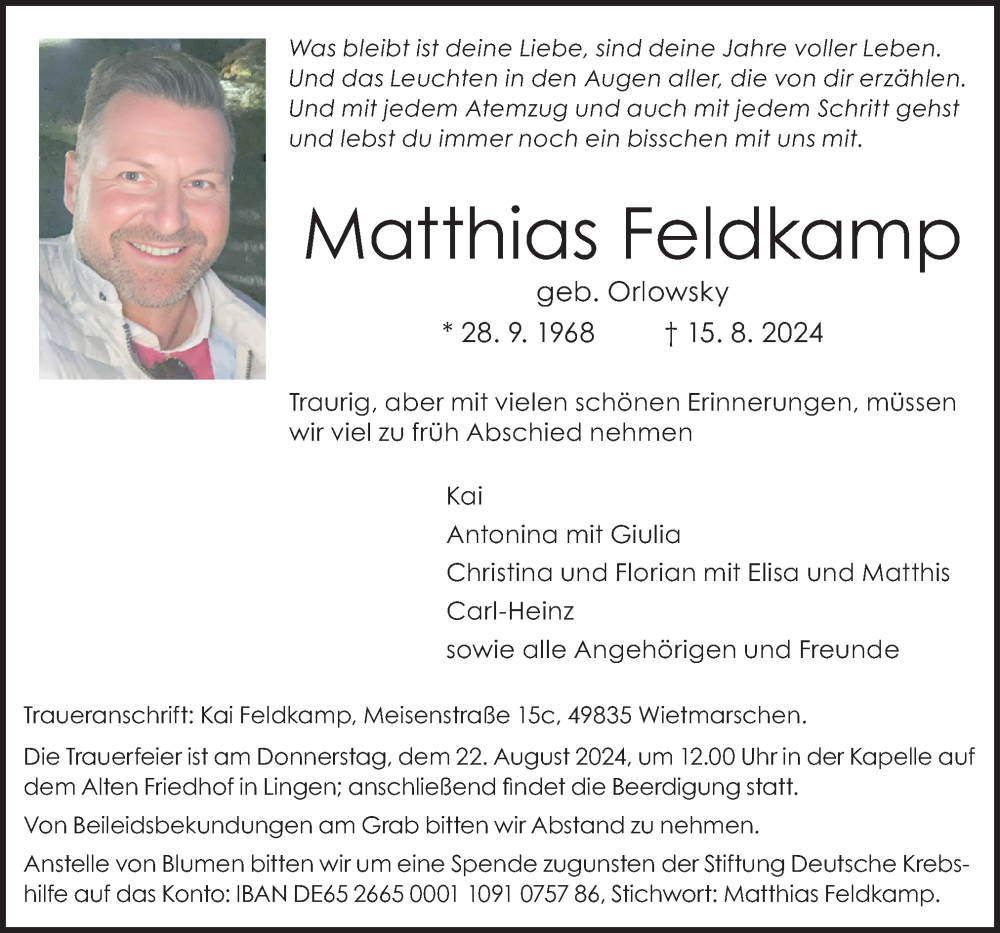  Traueranzeige für Matthias Feldkamp vom 20.08.2024 aus Neue Osnabrücker Zeitung GmbH & Co. KG