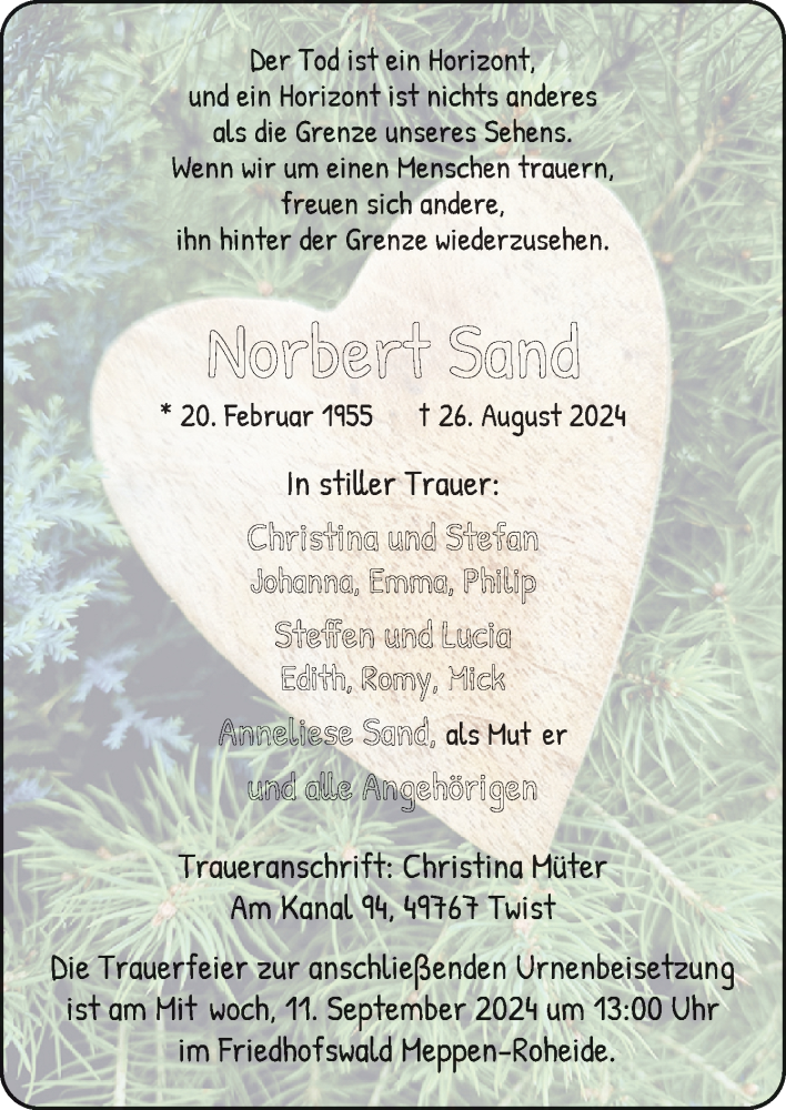 Traueranzeige für Norbert Sand vom 31.08.2024 aus Neue Osnabrücker Zeitung GmbH & Co. KG