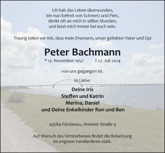 Traueranzeige von Peter Bachmann von Neue Osnabrücker Zeitung GmbH & Co. KG