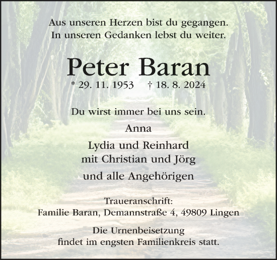 Traueranzeige von Peter Baran von Neue Osnabrücker Zeitung GmbH & Co. KG