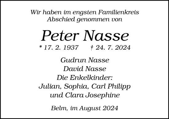 Traueranzeige von Peter Nasse von Neue Osnabrücker Zeitung GmbH & Co. KG