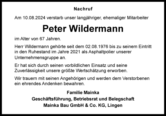 Traueranzeige von Peter Wildermann von Neue Osnabrücker Zeitung GmbH & Co. KG