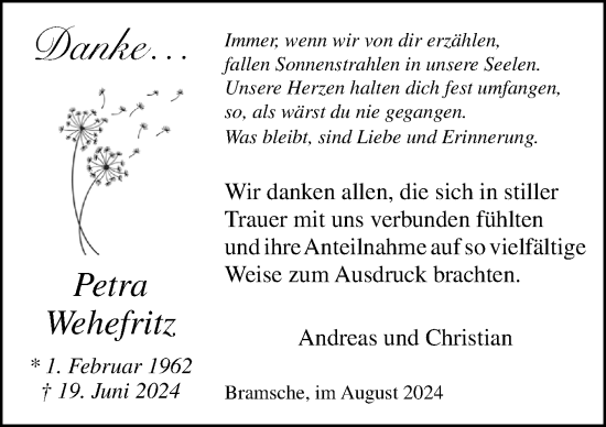 Traueranzeige von Petra Wehefritz von Neue Osnabrücker Zeitung GmbH & Co. KG