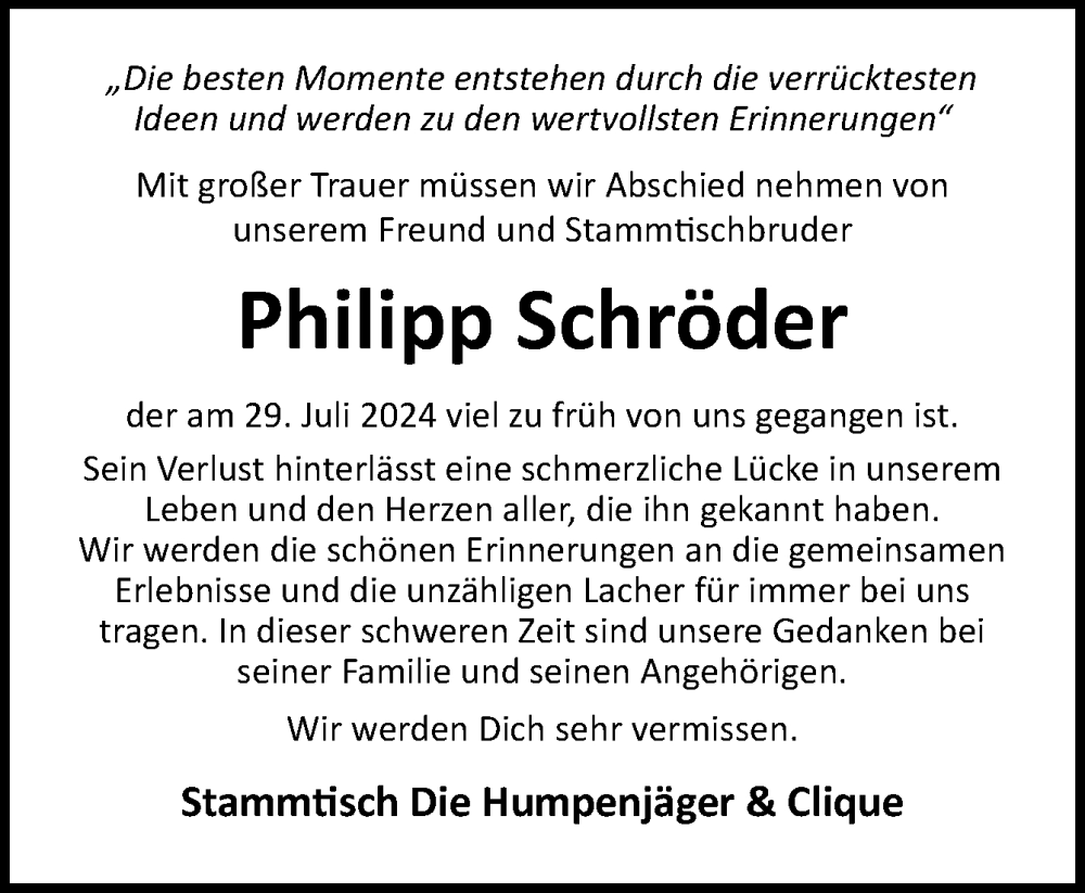  Traueranzeige für Philipp Schröder vom 06.08.2024 aus Neue Osnabrücker Zeitung GmbH & Co. KG