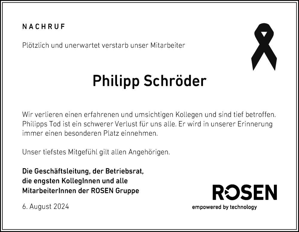  Traueranzeige für Philipp Schröder vom 06.08.2024 aus Neue Osnabrücker Zeitung GmbH & Co. KG