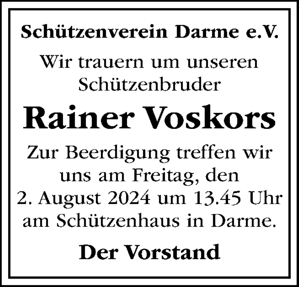  Traueranzeige für Rainer Voskors vom 01.08.2024 aus Neue Osnabrücker Zeitung GmbH & Co. KG