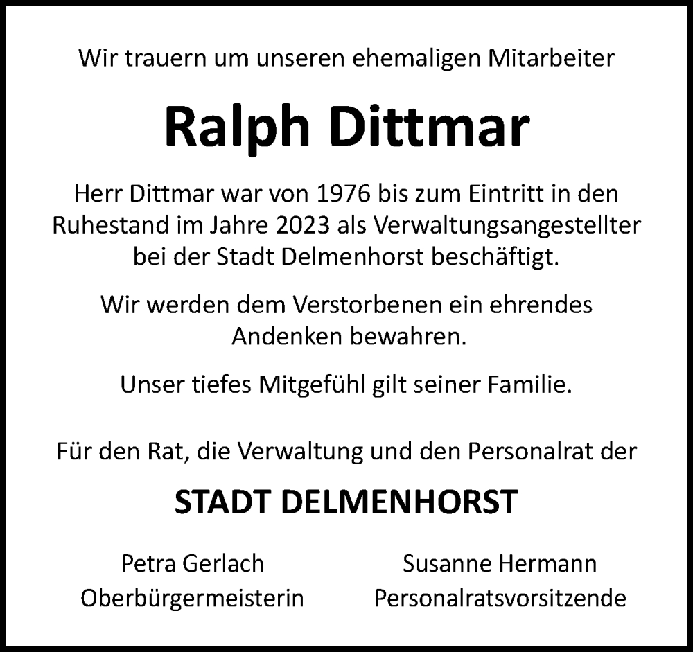  Traueranzeige für Ralph Dittmar vom 17.08.2024 aus DK Medien GmbH & Co. KG