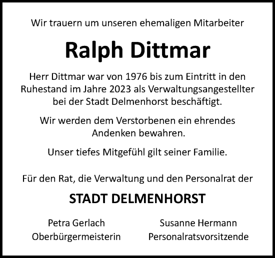 Traueranzeige von Ralph Dittmar von DK Medien GmbH & Co. KG