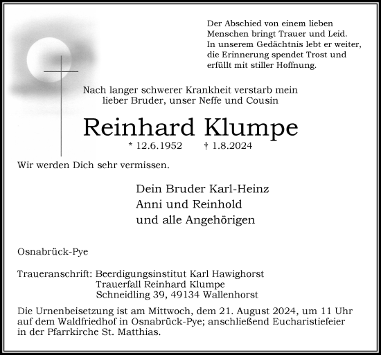 Traueranzeige von Reinhard Klumpe von Neue Osnabrücker Zeitung GmbH & Co. KG