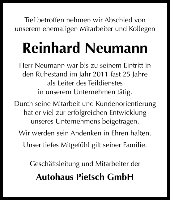 Traueranzeige von Reinhard Neumann von Neue Osnabrücker Zeitung GmbH & Co. KG