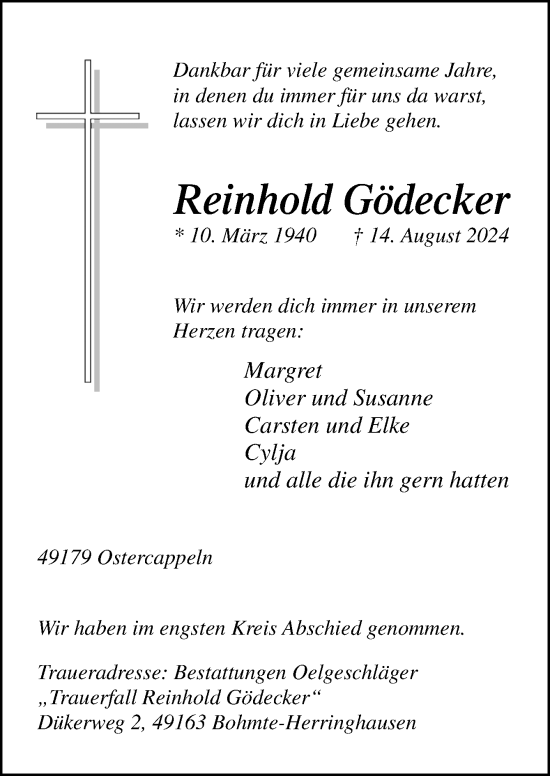 Traueranzeige von Reinhold Gödecker von Neue Osnabrücker Zeitung GmbH & Co. KG