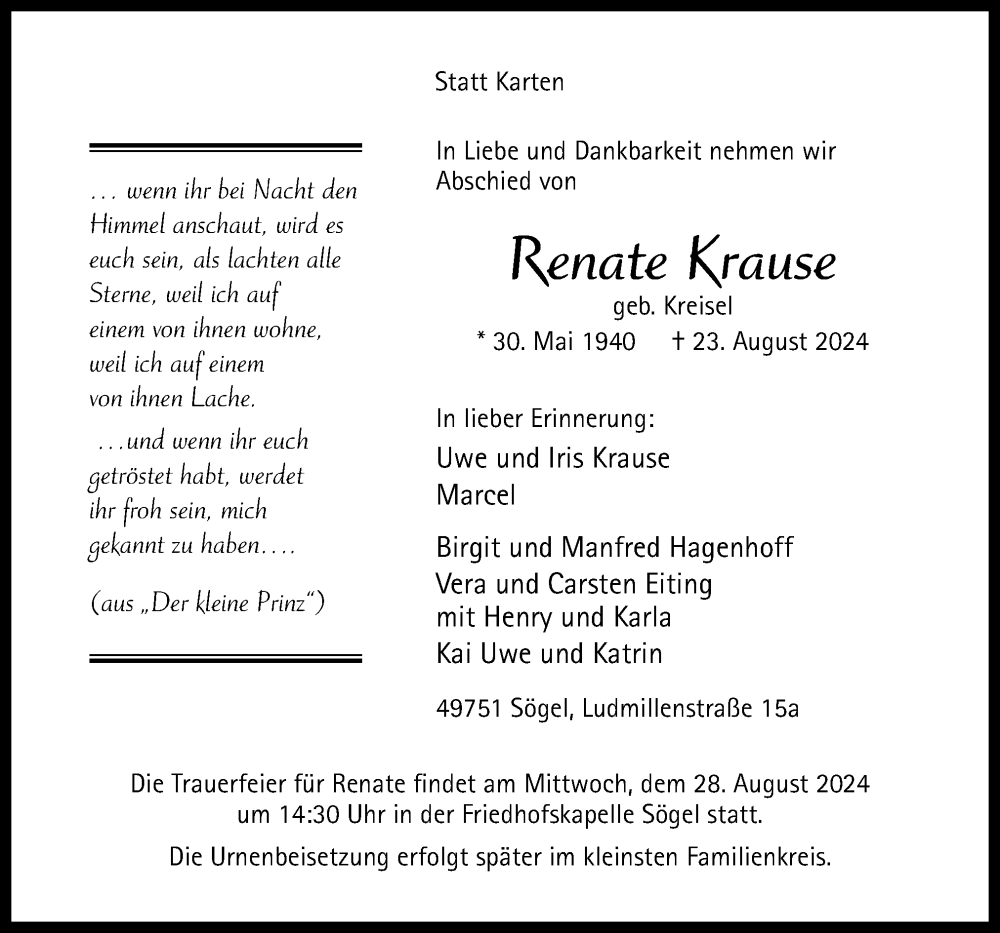  Traueranzeige für Renate Krause vom 26.08.2024 aus Neue Osnabrücker Zeitung GmbH & Co. KG