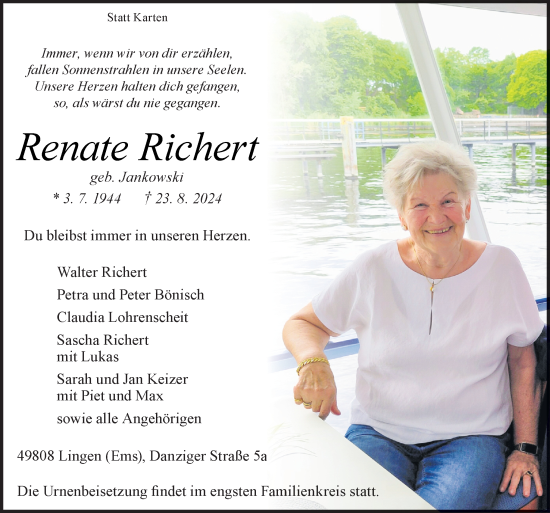 Traueranzeige von Renate Richert von Neue Osnabrücker Zeitung GmbH & Co. KG