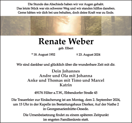 Traueranzeige von Renate Weber von Neue Osnabrücker Zeitung GmbH & Co. KG