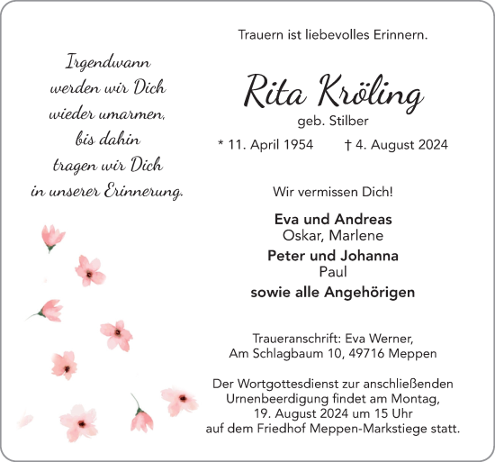 Traueranzeige von Rita Kröling von Neue Osnabrücker Zeitung GmbH & Co. KG