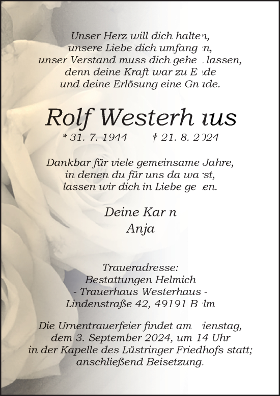 Traueranzeige von Rolf Westerhaus von Neue Osnabrücker Zeitung GmbH & Co. KG