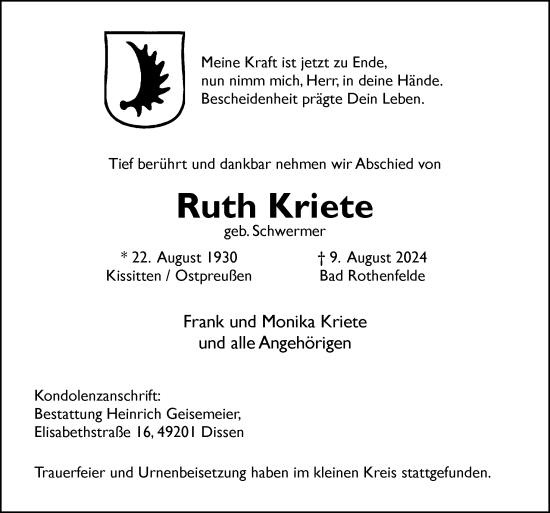 Traueranzeige von Ruth Kriete von Neue Osnabrücker Zeitung GmbH & Co. KG