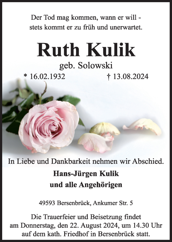 Traueranzeige von Ruth Kulik von Neue Osnabrücker Zeitung GmbH & Co. KG