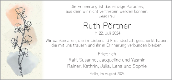 Traueranzeige von Ruth Pörtner von Neue Osnabrücker Zeitung GmbH & Co. KG