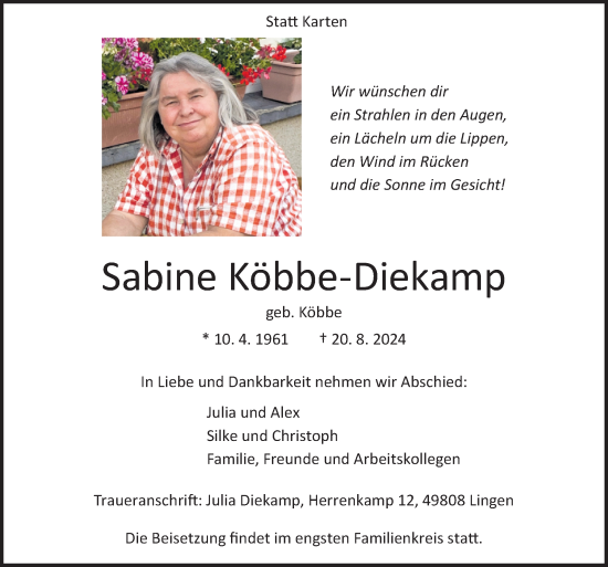 Traueranzeige von Sabine Köbbe-Diekamp von Neue Osnabrücker Zeitung GmbH & Co. KG