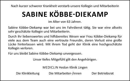 Traueranzeige von Sabine Köbbe-Diekamp von Neue Osnabrücker Zeitung GmbH & Co. KG