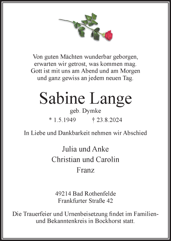 Traueranzeige von Sabine Lange von Neue Osnabrücker Zeitung GmbH & Co. KG