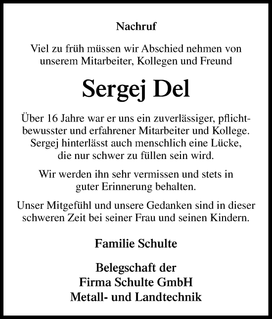 Traueranzeige von Sergej Del von Neue Osnabrücker Zeitung GmbH & Co. KG