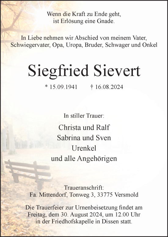 Traueranzeige von Siegfried Sievert von Neue Osnabrücker Zeitung GmbH & Co. KG