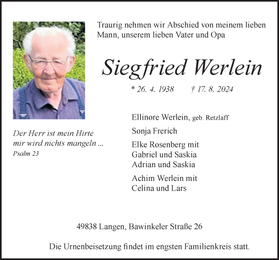 Traueranzeige von Siegfried Werlein von Neue Osnabrücker Zeitung GmbH & Co. KG