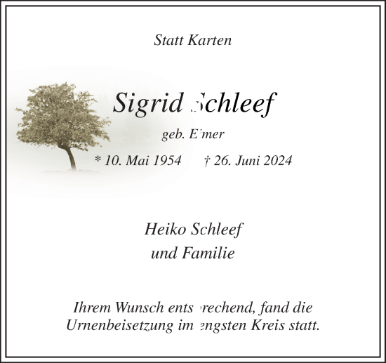 Traueranzeige von Sigrid Schleef von Neue Osnabrücker Zeitung GmbH & Co. KG