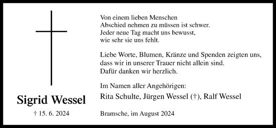 Traueranzeige von Sigrid Wessel von Neue Osnabrücker Zeitung GmbH & Co. KG