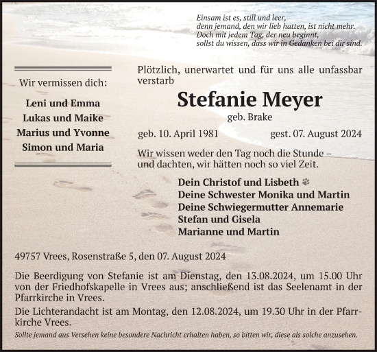 Traueranzeige von Stefanie Meyer von Neue Osnabrücker Zeitung GmbH & Co. KG