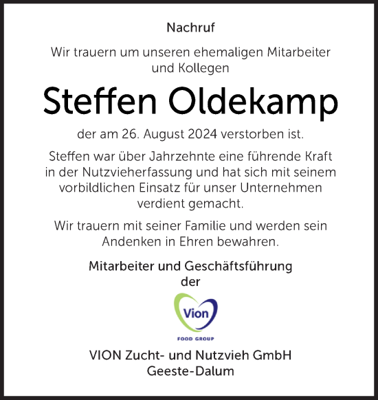 Traueranzeige von Steffen Oldekamp von Neue Osnabrücker Zeitung GmbH & Co. KG