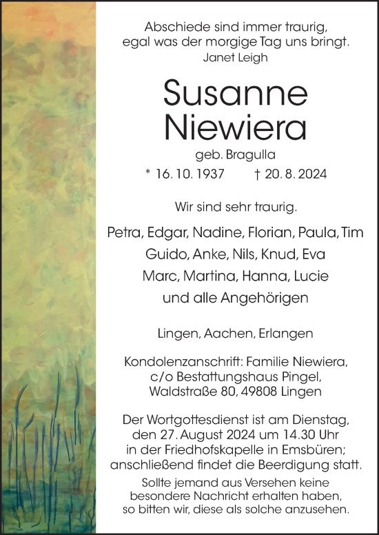 Traueranzeige von Susanne Niewiera von Neue Osnabrücker Zeitung GmbH & Co. KG