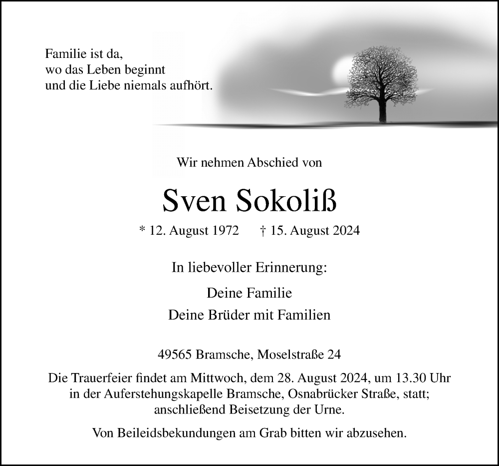  Traueranzeige für Sven Sokoliß vom 24.08.2024 aus Neue Osnabrücker Zeitung GmbH & Co. KG