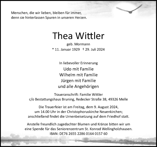 Traueranzeige von Thea Wittler von Neue Osnabrücker Zeitung GmbH & Co. KG