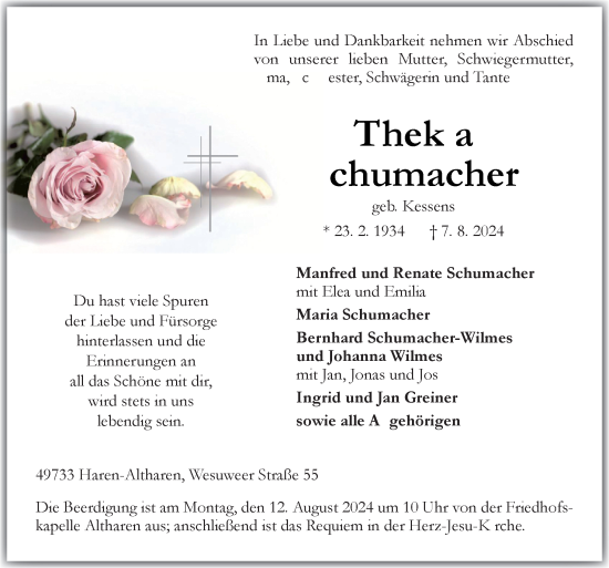 Traueranzeige von Thekla Schumacher von Neue Osnabrücker Zeitung GmbH & Co. KG