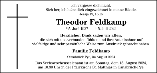 Traueranzeige von Theodor Feldkamp von Neue Osnabrücker Zeitung GmbH & Co. KG