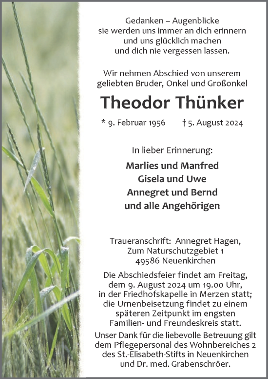 Traueranzeige von Theodor Thünker von Neue Osnabrücker Zeitung GmbH & Co. KG