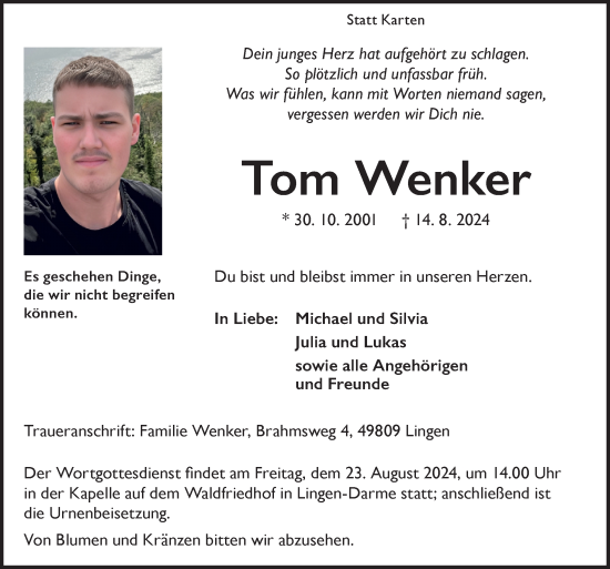 Traueranzeige von Tom Wenker von Neue Osnabrücker Zeitung GmbH & Co. KG